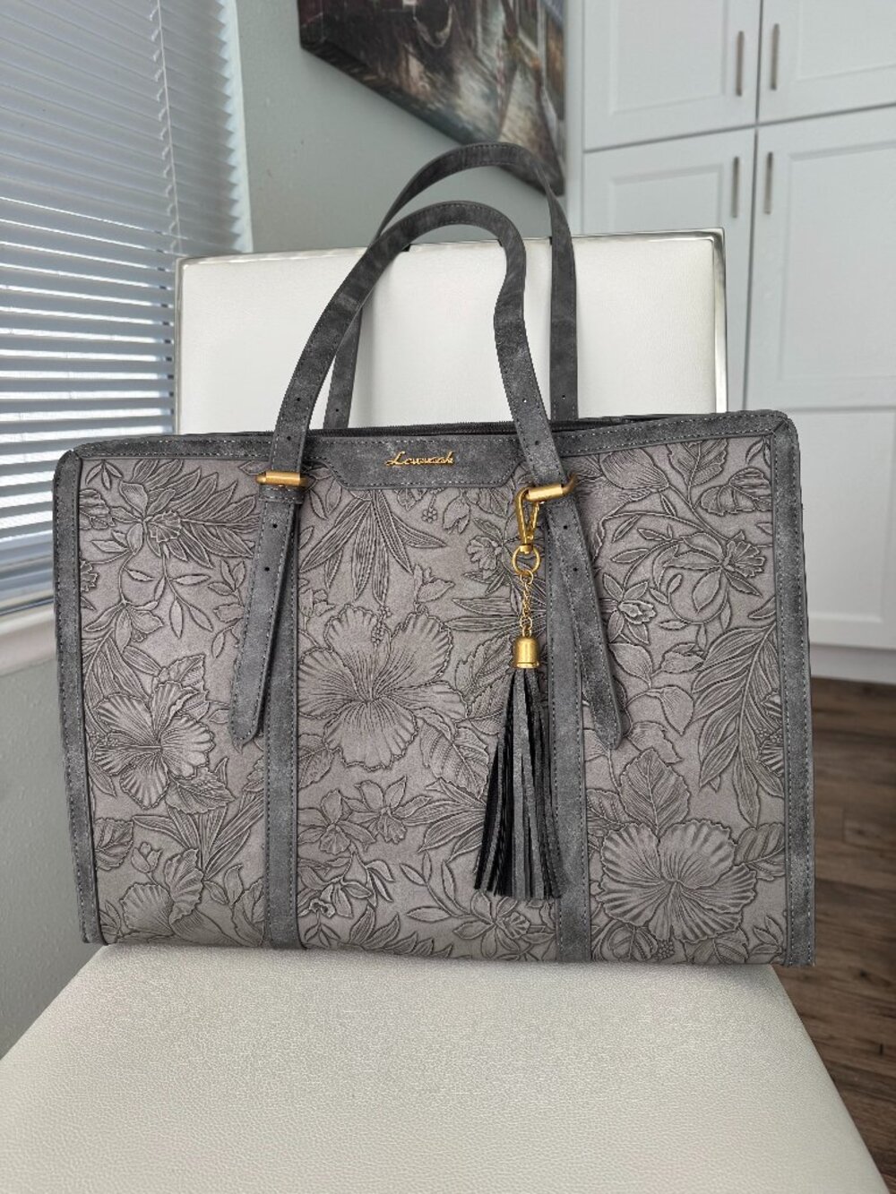 LOVEVOOK Grey Embossed Floral Laptop Tote Bag Briefcase Work Travel Fits 15.6"